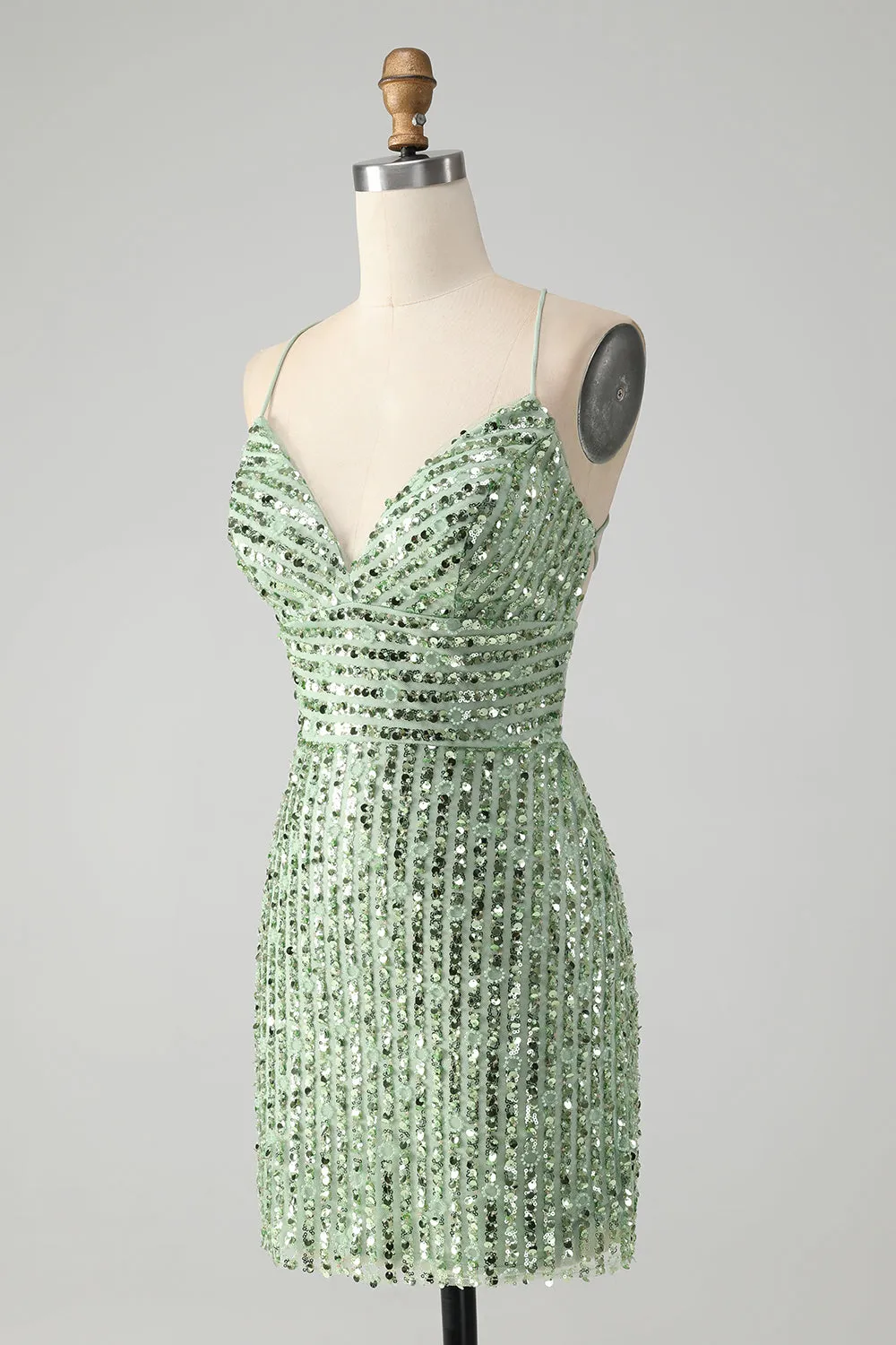 Stylish Green Sheath Criss Cross Back Short Homecoming Dress with Sequins
