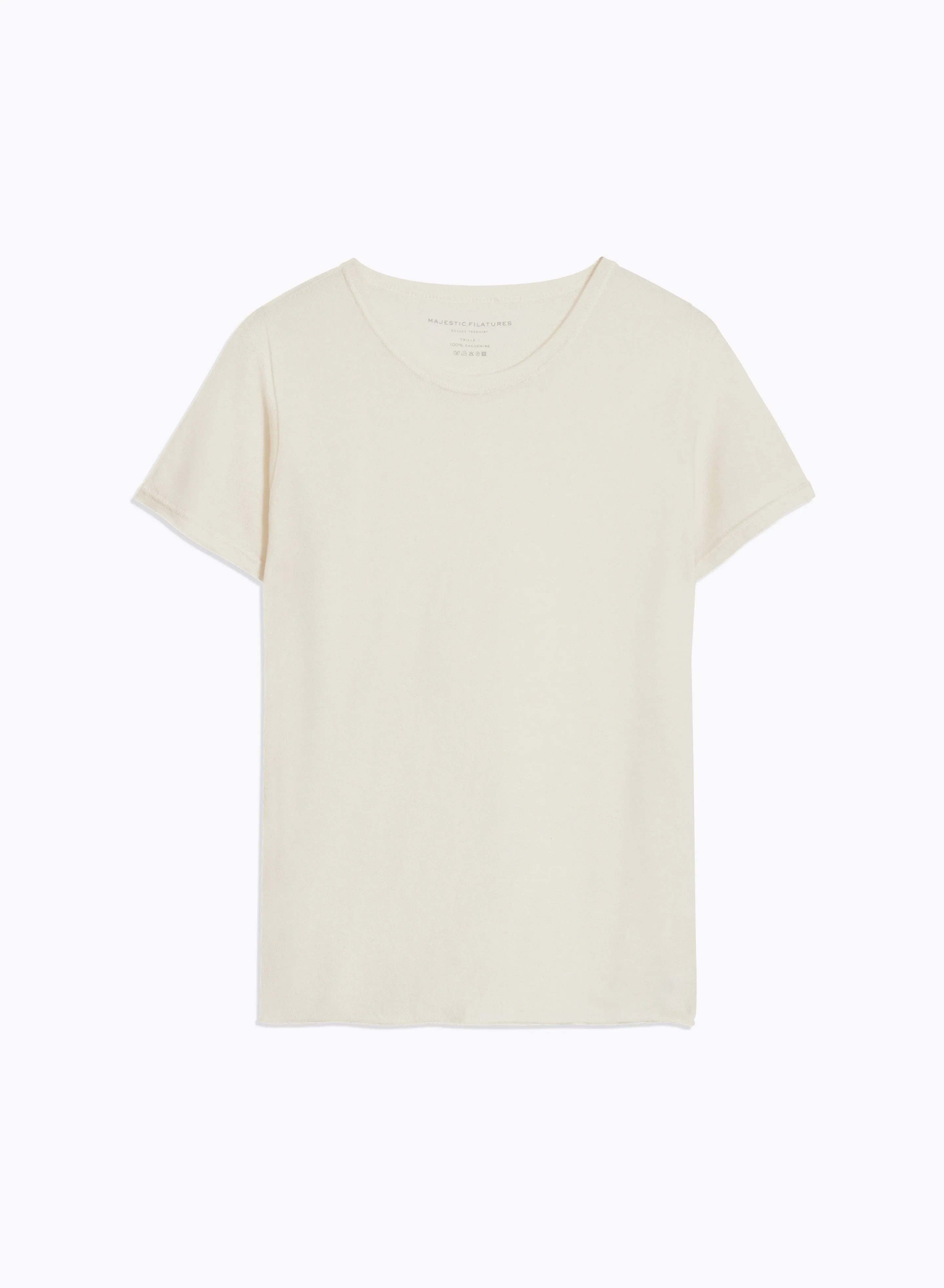 T-shirt Écru Col Rond Manches Courtes en 100% Cachemire