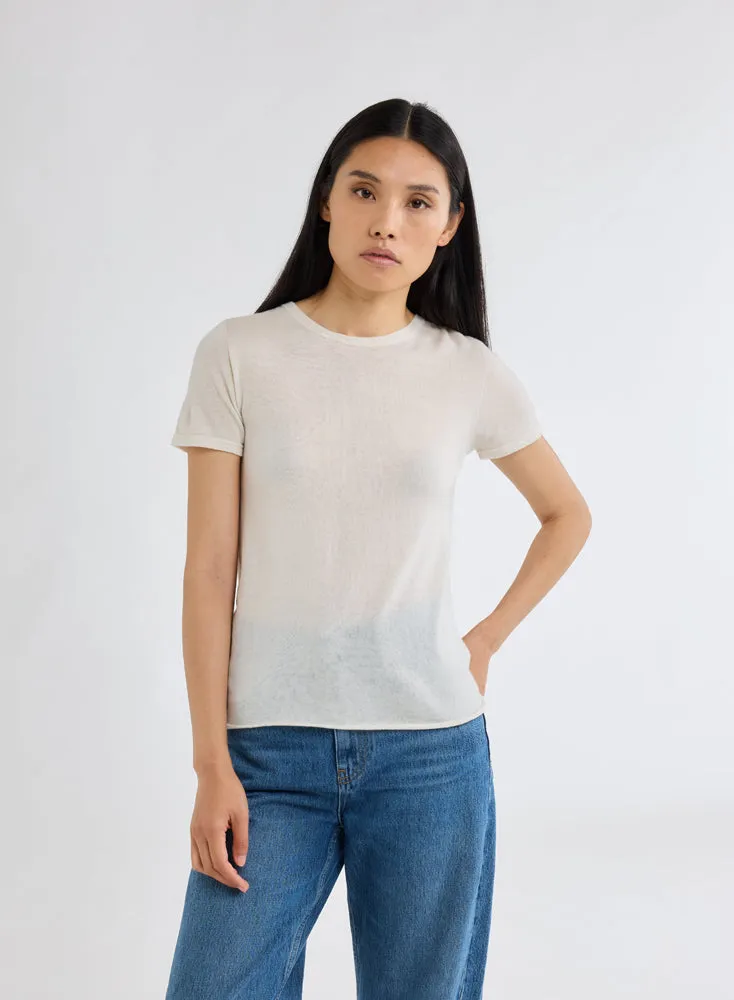 T-shirt Écru Col Rond Manches Courtes en 100% Cachemire