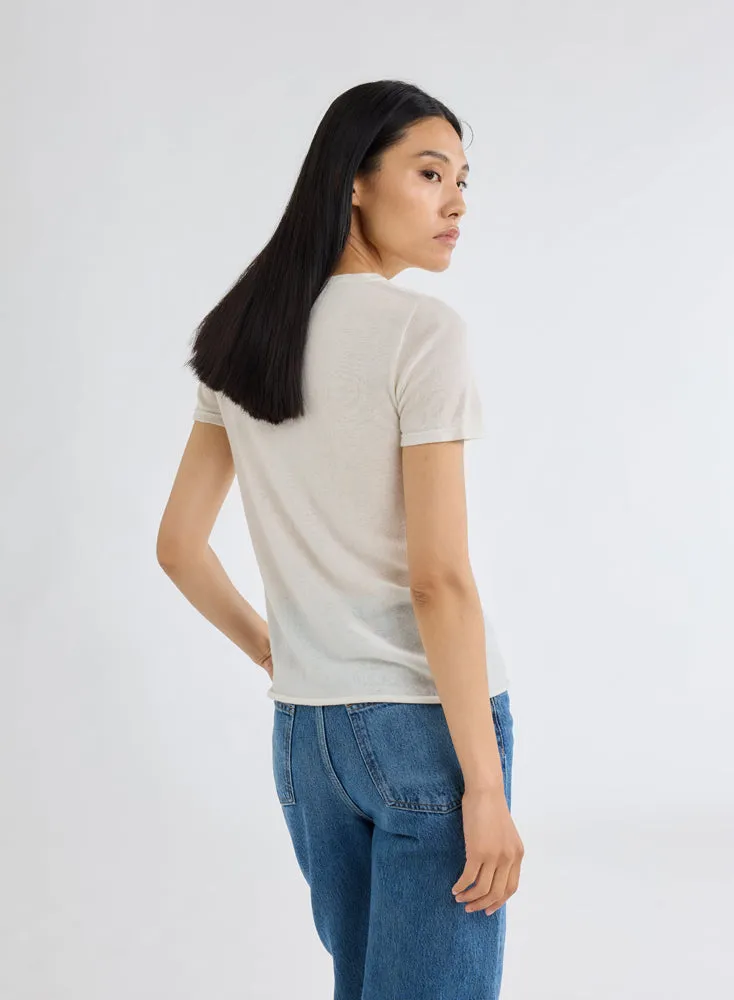 T-shirt Écru Col Rond Manches Courtes en 100% Cachemire