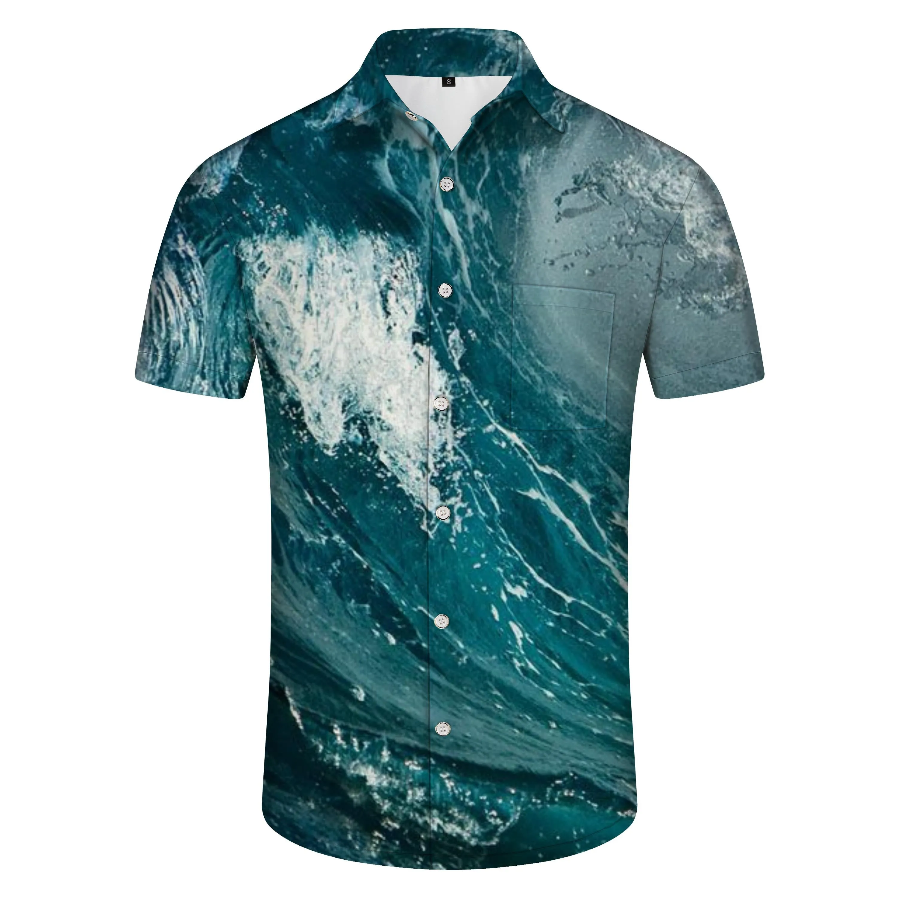 Tropical Hawaiian Button Four Seasons Men's Beach Shirt Short Sleeve Print Blue Waves Roaring