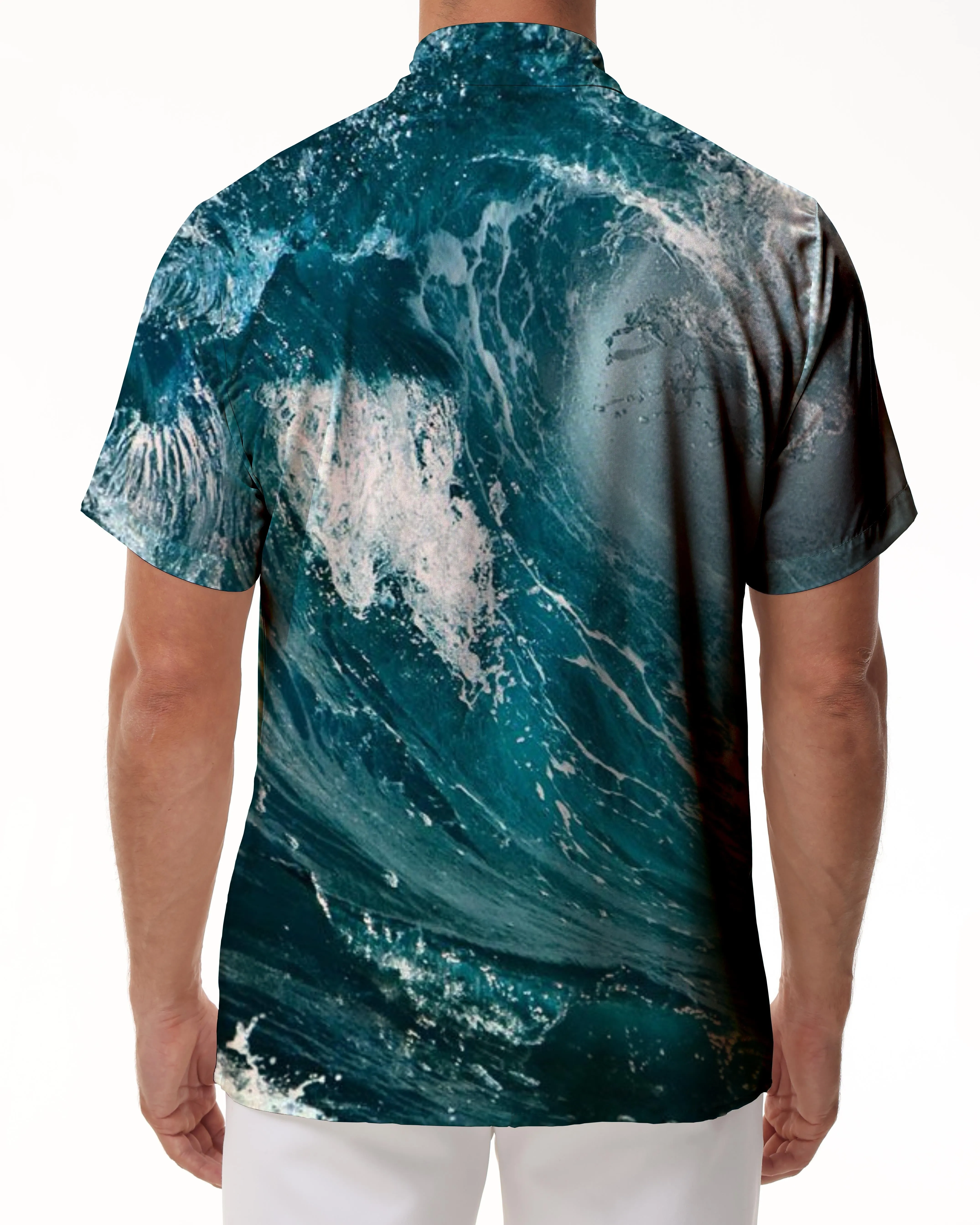 Tropical Hawaiian Button Four Seasons Men's Beach Shirt Short Sleeve Print Blue Waves Roaring
