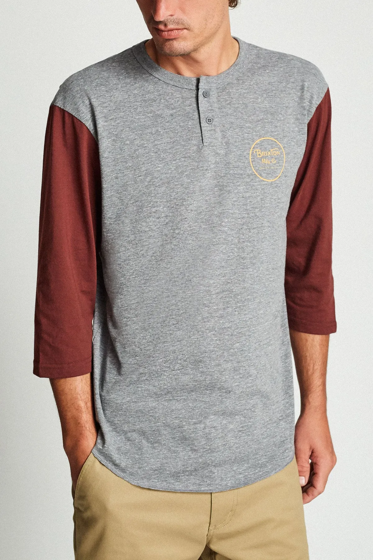 Wheeler 3/4 Sleeve Henley - Heather Grey/Chestnut