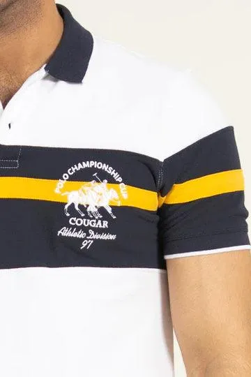 White Color Block Embroidered Polo