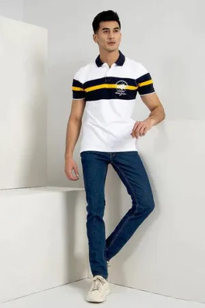 White Color Block Embroidered Polo