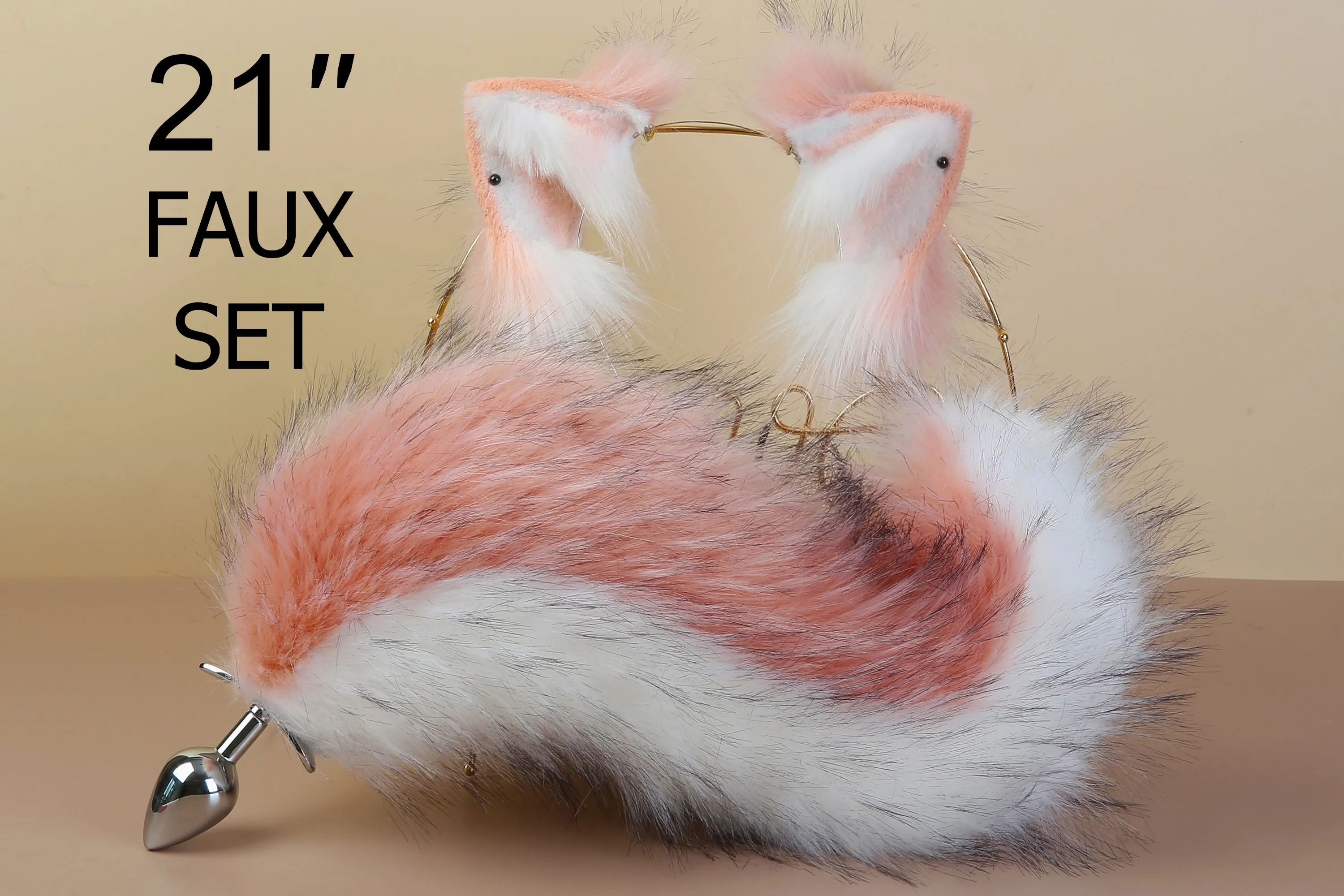 white pink fox tail plug and ears set faux fur curly tail butt plug kitten wolf tail buttplug cat petplay bdsm cosplay anime sex toy