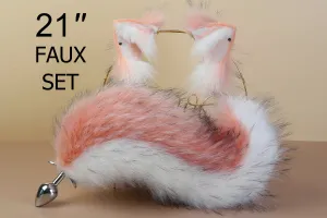 white pink fox tail plug and ears set faux fur curly tail butt plug kitten wolf tail buttplug cat petplay bdsm cosplay anime sex toy