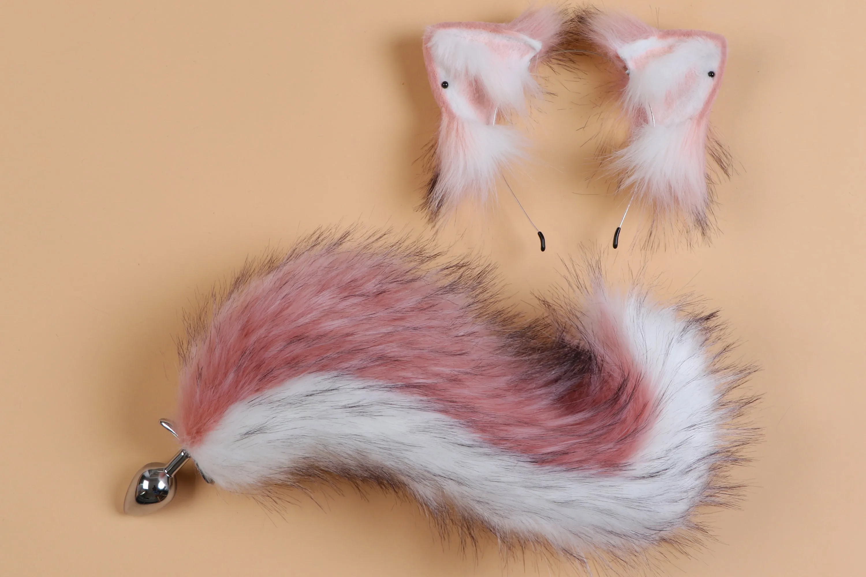 white pink fox tail plug and ears set faux fur curly tail butt plug kitten wolf tail buttplug cat petplay bdsm cosplay anime sex toy