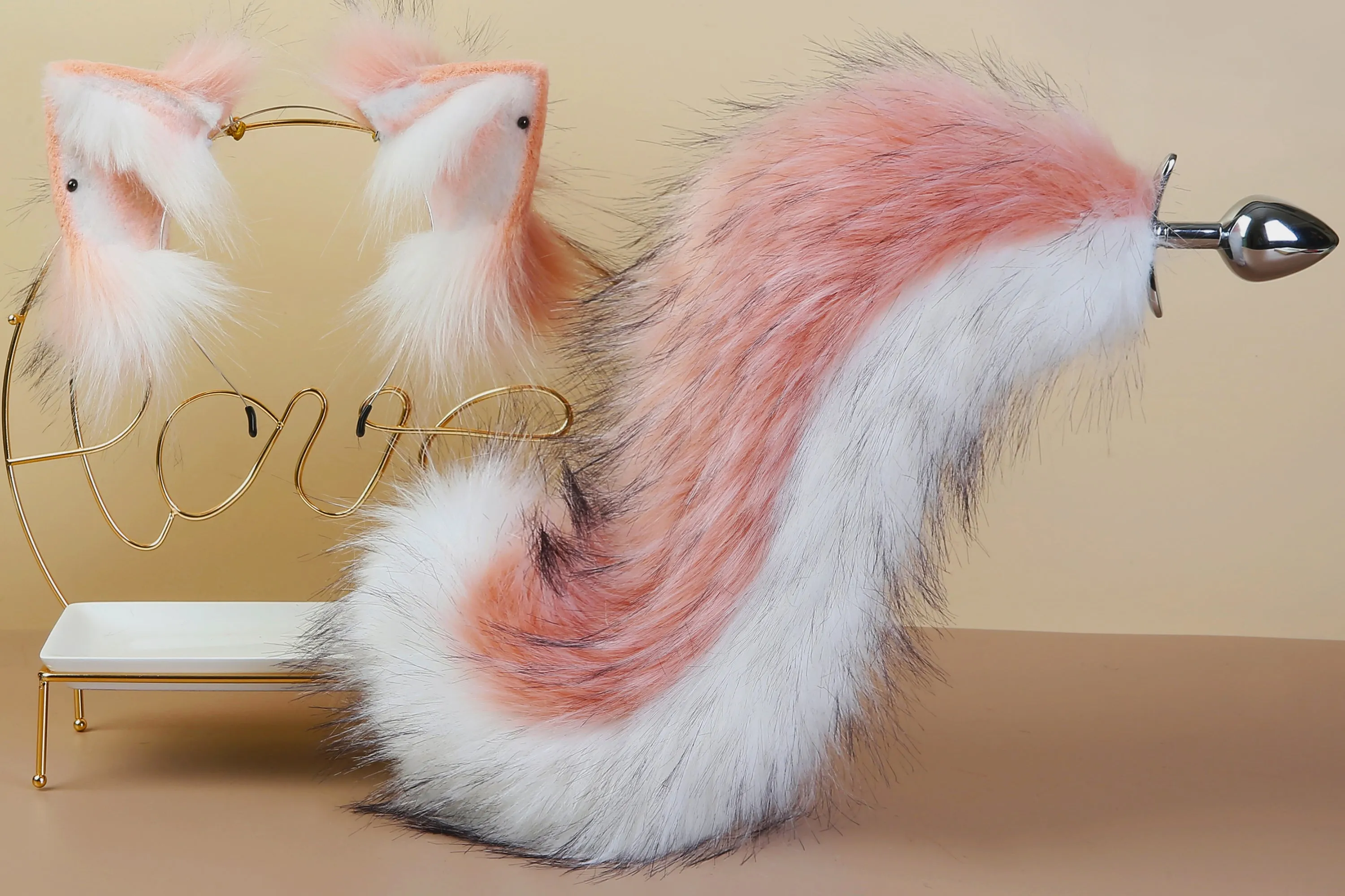 white pink fox tail plug and ears set faux fur curly tail butt plug kitten wolf tail buttplug cat petplay bdsm cosplay anime sex toy
