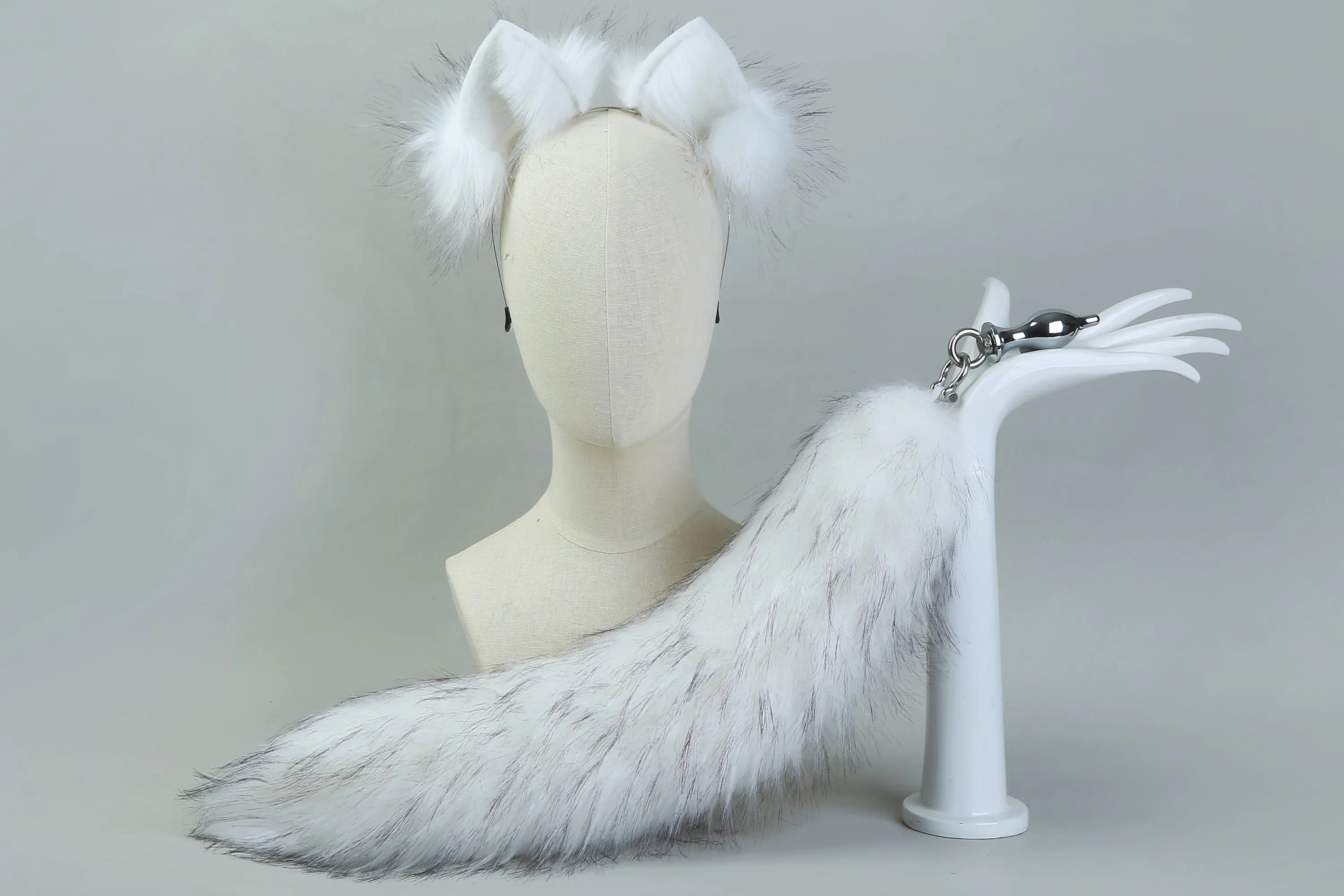white tug tail plug and ear set faux fur fox tail butt plug wolf tail buttplug ddlg sex toy bdsm cat tail plug anal bondage petplay