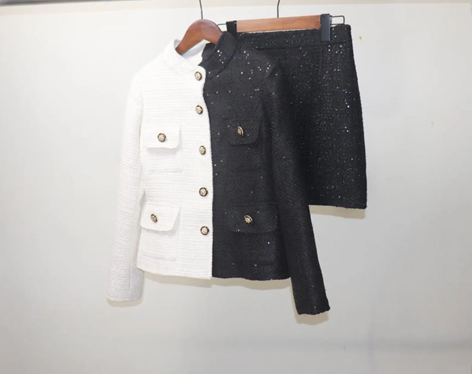 Women's Designer Inspired CUSTOM MADE Hand Made Sequined Tweed High Neck Jacket Coat Blazer   Skirt