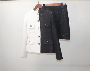 Women's Designer Inspired CUSTOM MADE Hand Made Sequined Tweed High Neck Jacket Coat Blazer   Skirt