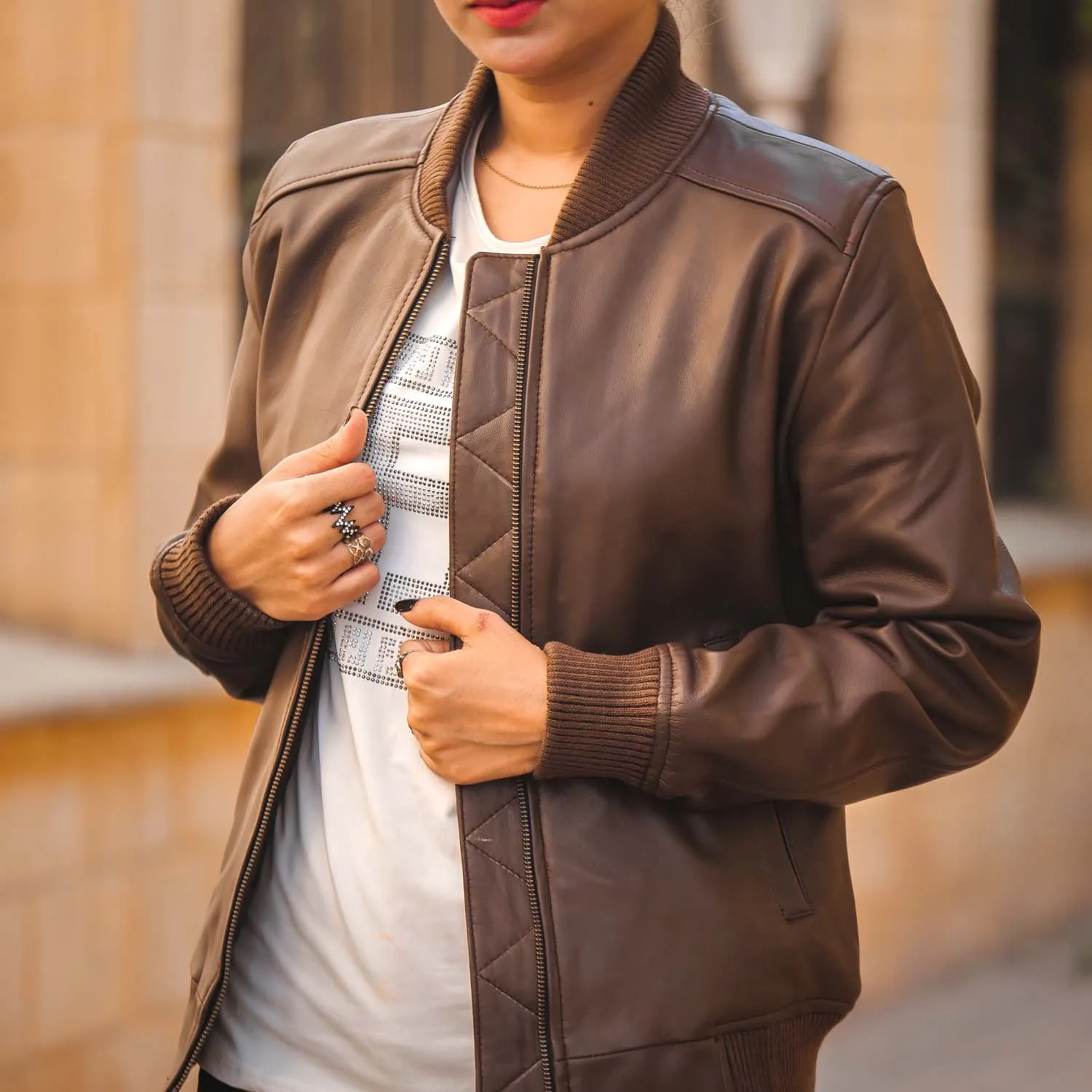 Women's Genuine Leather Classic Baseball Brown Bomber Style Jacket