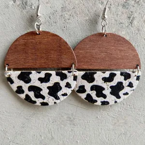 Wood and Cork Cow Print Split Circle Geometric Earrings