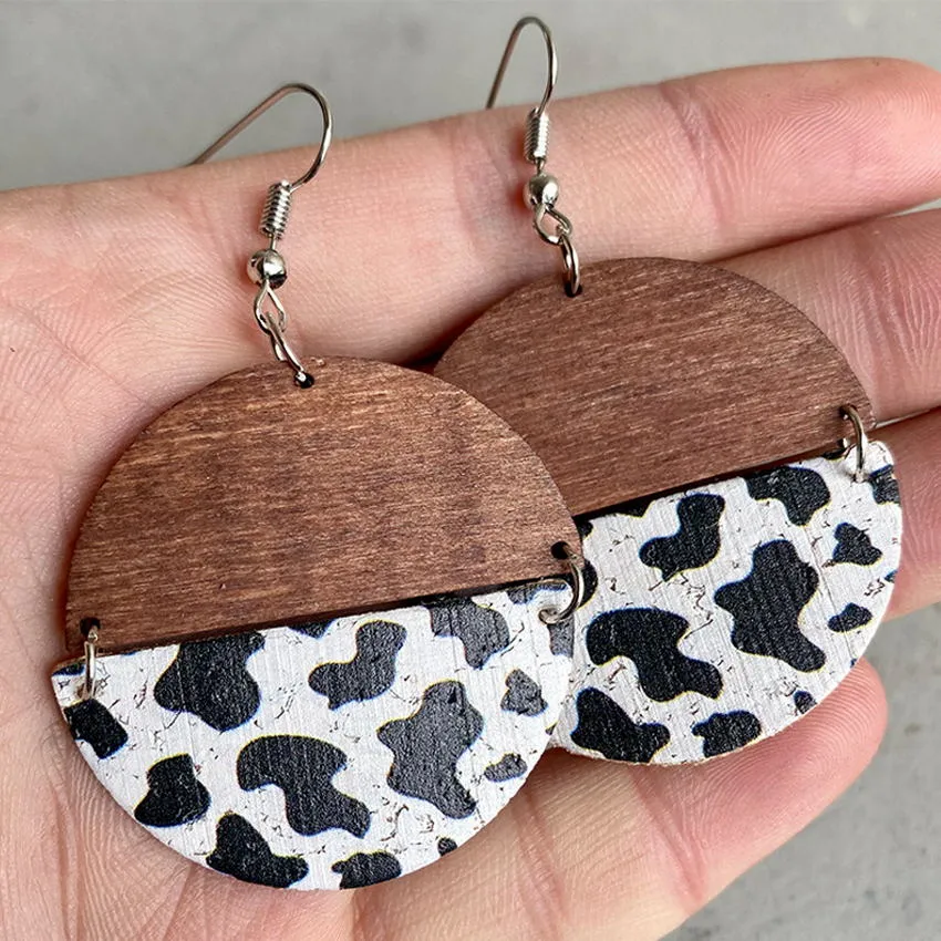 Wood and Cork Cow Print Split Circle Geometric Earrings
