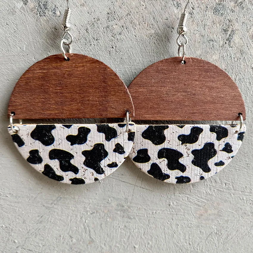 Wood and Cork Cow Print Split Circle Geometric Earrings